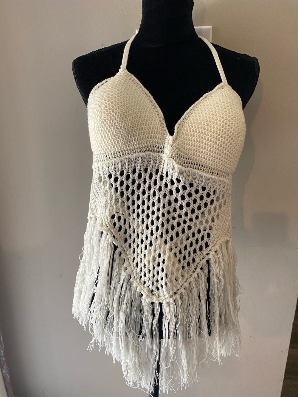 Women’s Cream Crochet Halter Top with Fringe